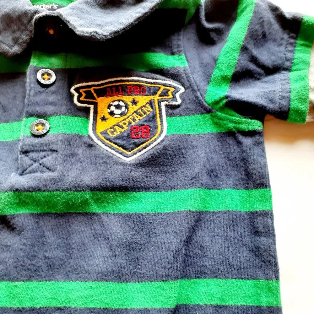 Carter's Boys Romper Navy Green Stripe Long Sleeve Soccer Jumpsuit 18 Months